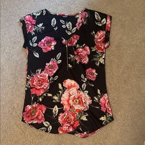 Express Black Blouse with Pink Floral Pattern